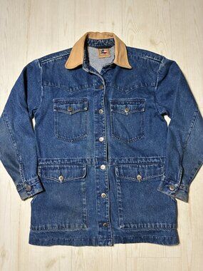 Vtg. Winchester Baccini Denim Chore Jacket Genuine Leather Collar Small 90s